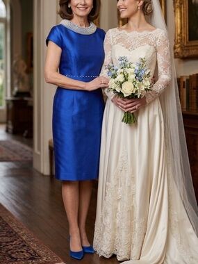 NWT Lanting Bride Royal Blue Beaded Pearl Sheath Dress Size L